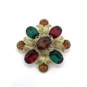 Large Gold Tone Floral Brooch - Multi-Color Faux Gemstone Pin Costume Jewelry